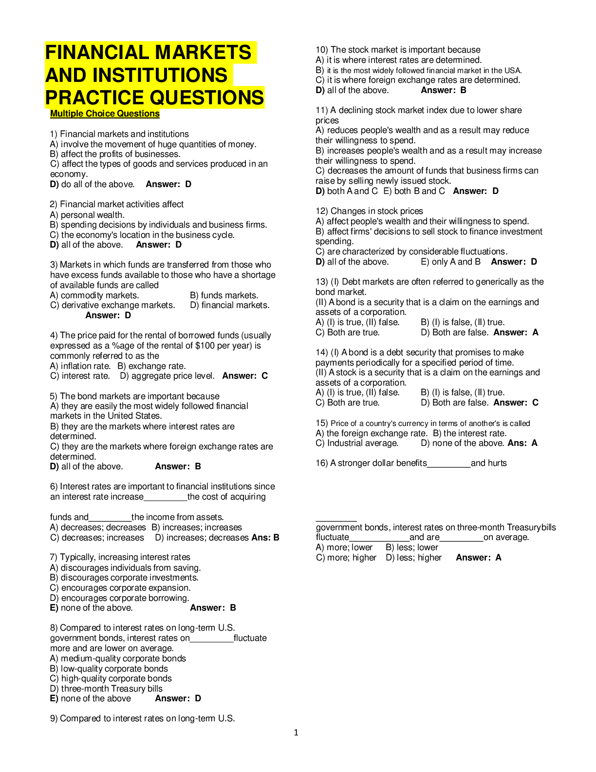 Preview of FINANCIAL MARKETS AND INSTITUTIONS PRACTICE QUESTIONS